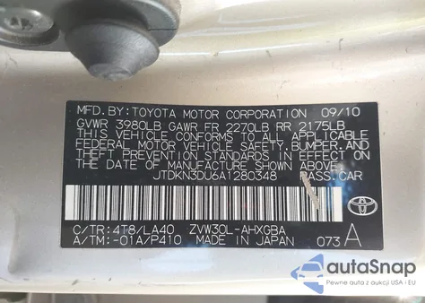 2010 Toyota Prius Iv z USA, uszkodzony, nr VIN JTDKN3DU6A1280348